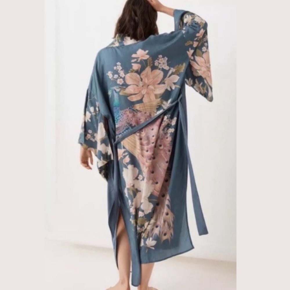 Bohemian Long Blue Floral Peacock Kimono Duster Robe - Picture 11 of 12